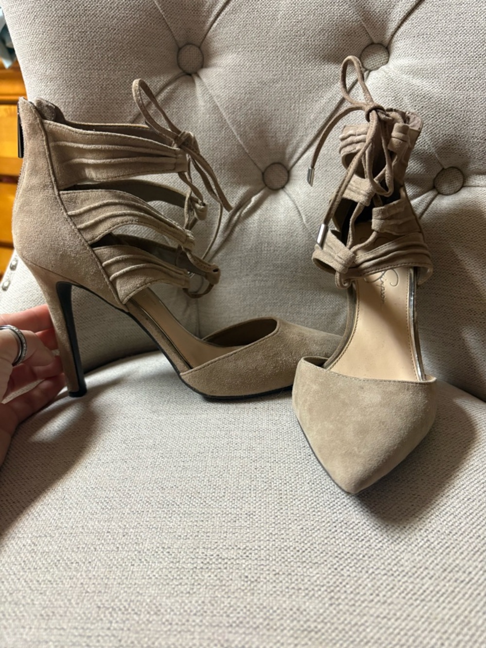 Jessica Simpson Pointed-Toe Suede Lace-Up Heels in Taupe - Picture 2 of 11